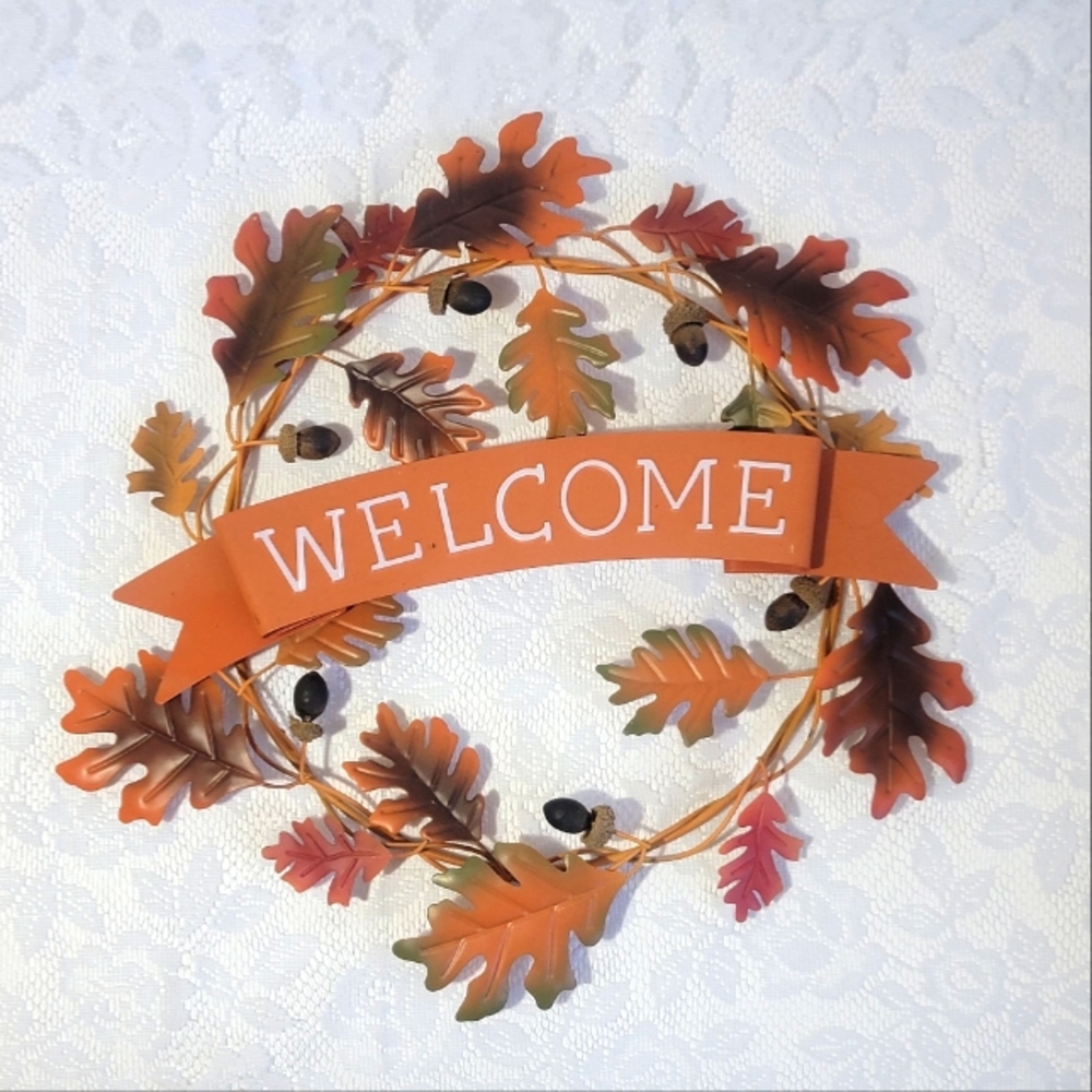 Vintage Metal Fall Wreath Welcome Sign Oak Leaves & Acorns 17" Autumn Door Decor